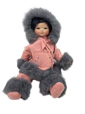 Vintage Inuit-style Doll In Pink Hooded Outfit Gray Faux Fur Trim & Beaded